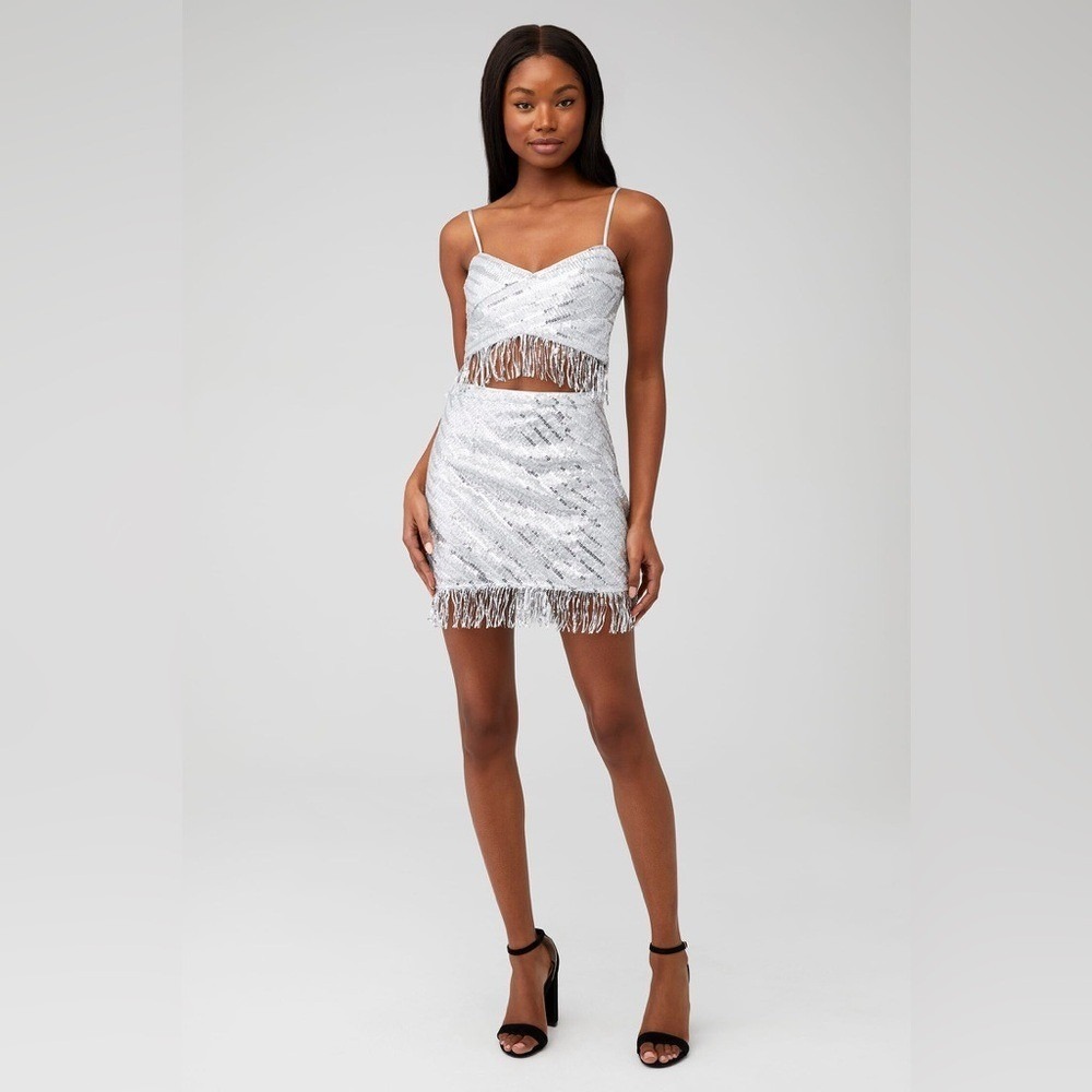 Saylor Persephone Top & Mini Skirt Set in Platinum Silver Sequin - Picture 2 of 6